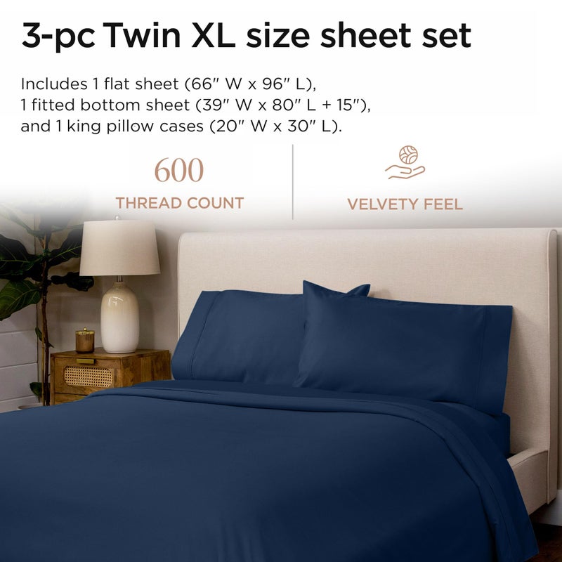 Threadmill 100% Cotton Sheets for Twin XL Size Bed - 600 Thread Count Twin XL Bed Sheets Set with 15â€ Deep Pocket - Sateen Weave 3-Piece Bedding Set with Cooling Effect, Folkstone Blue - Image 2